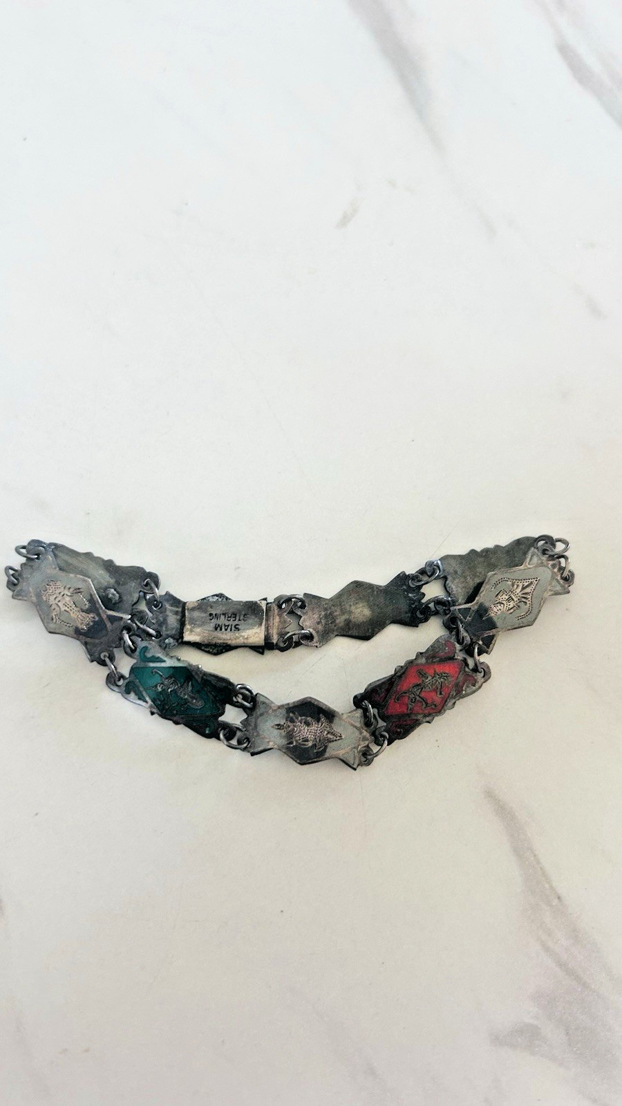 Vintage Siam Sterling Silver Niello 8 Panel Bracelet Thai Deities Gods 7 1/4″