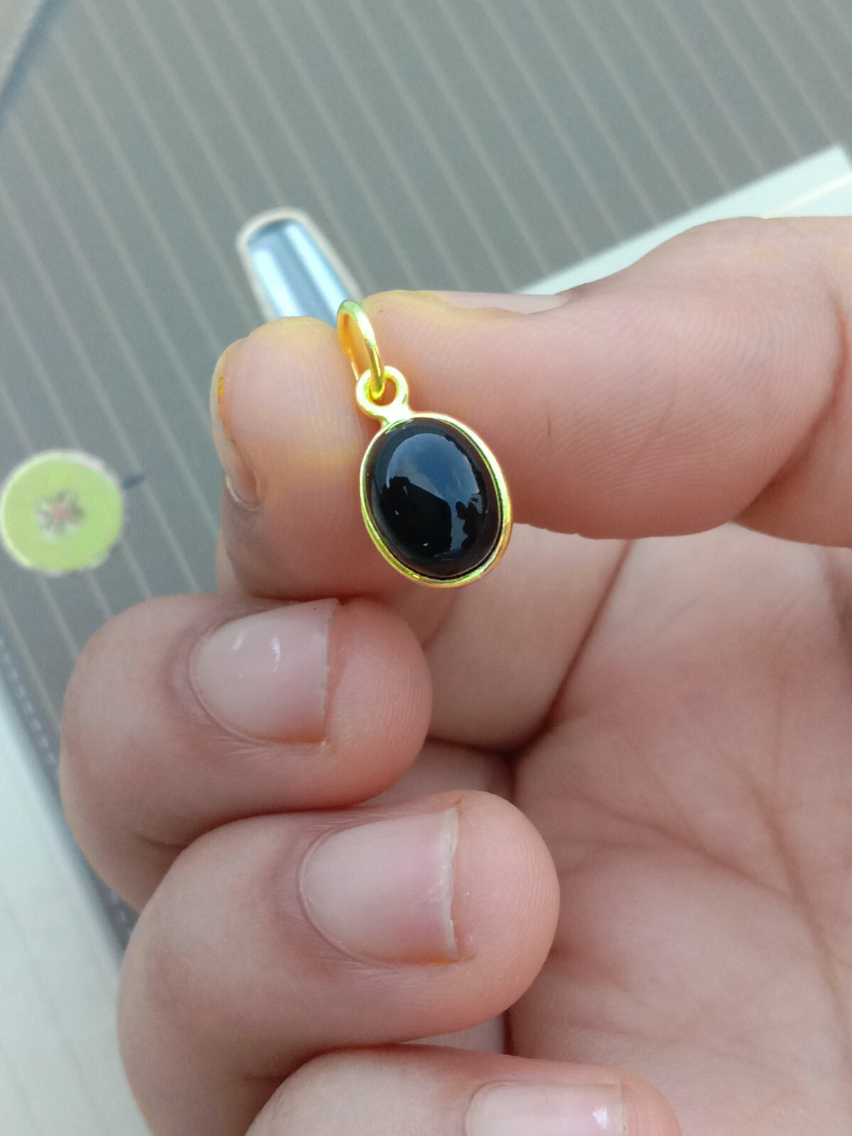 Natural Black Onyx Charm Necklace, 18k Yellow Gold Pendant , Handmade Jewelry