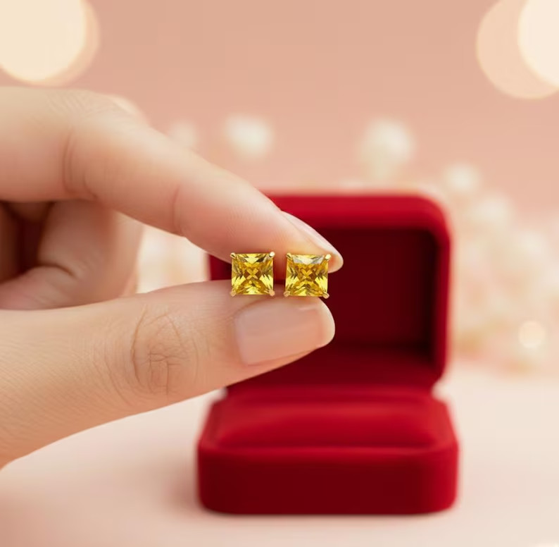 Yellow Square Stud Earrings | 925 Sterling Silver, Minimalist