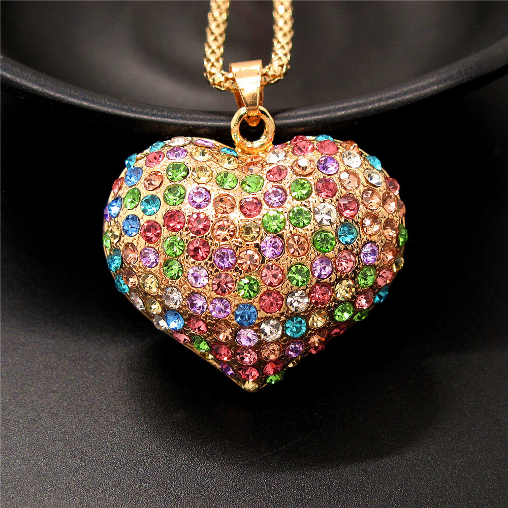 Hot Fashion Women Color Rhinestone Heart Love Crystal Pendant Chain Necklace