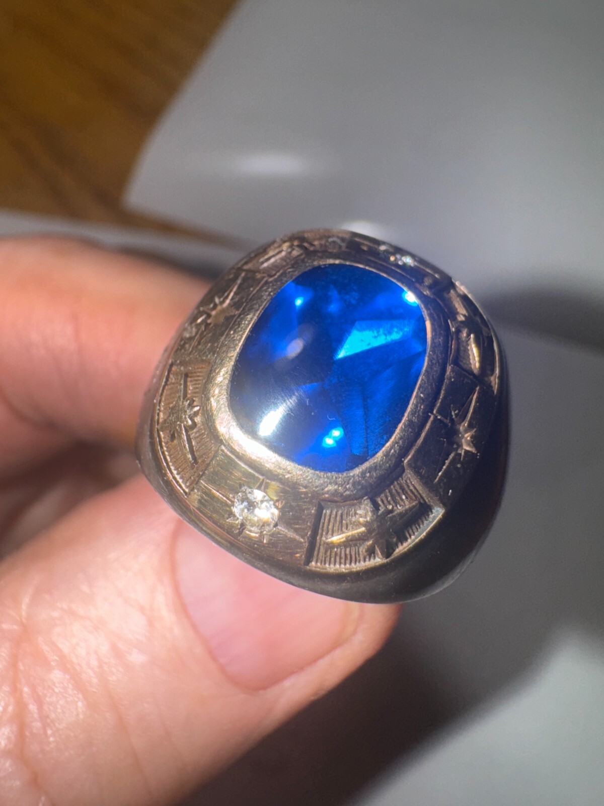 GTE Service Ring: Sterling & 14K Gold w/2 Diamonds & Blue Stone Very Cool SS-137