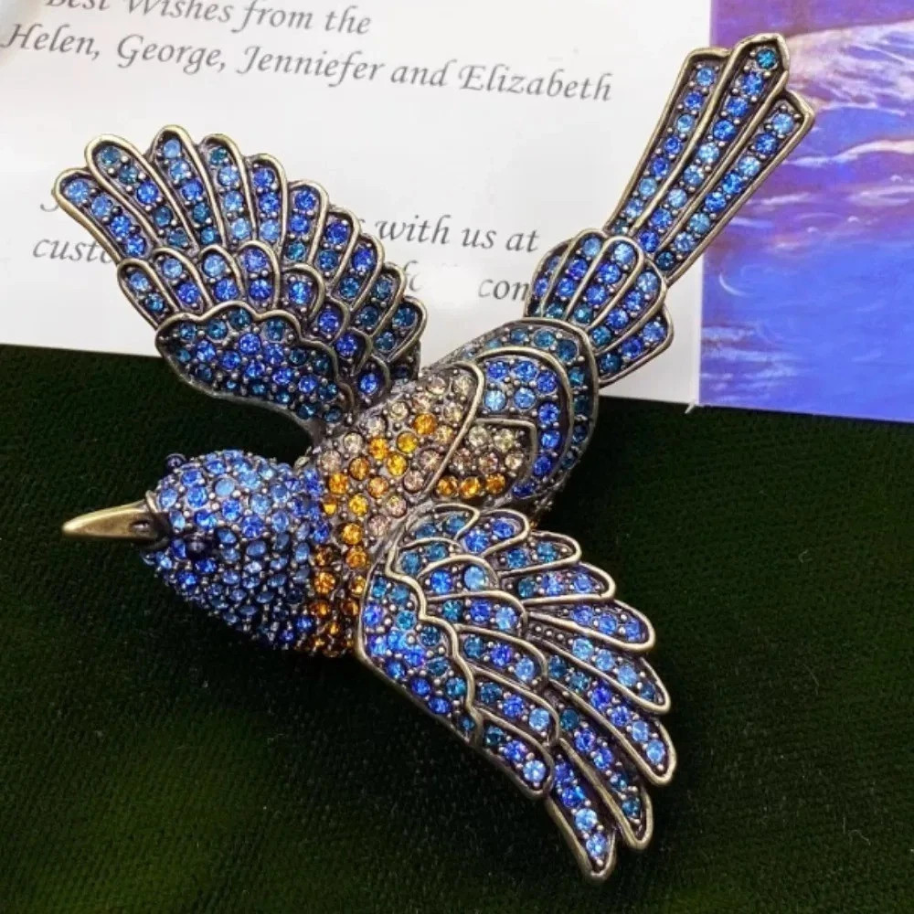 Vintage Blue Rhinestone Bird Brooch Sparkling Crystal Flying Bird Pin
