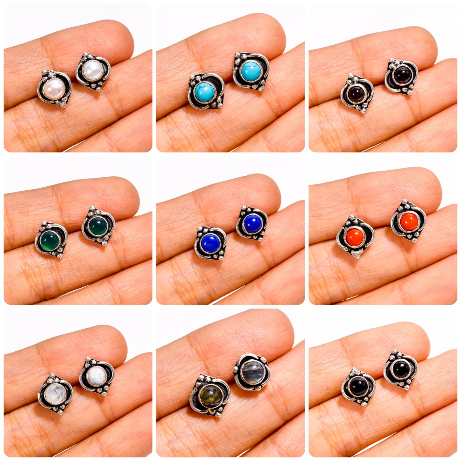Natural Gemstone Stud Earrings 925 Sterling Silver Handmade Jewelry