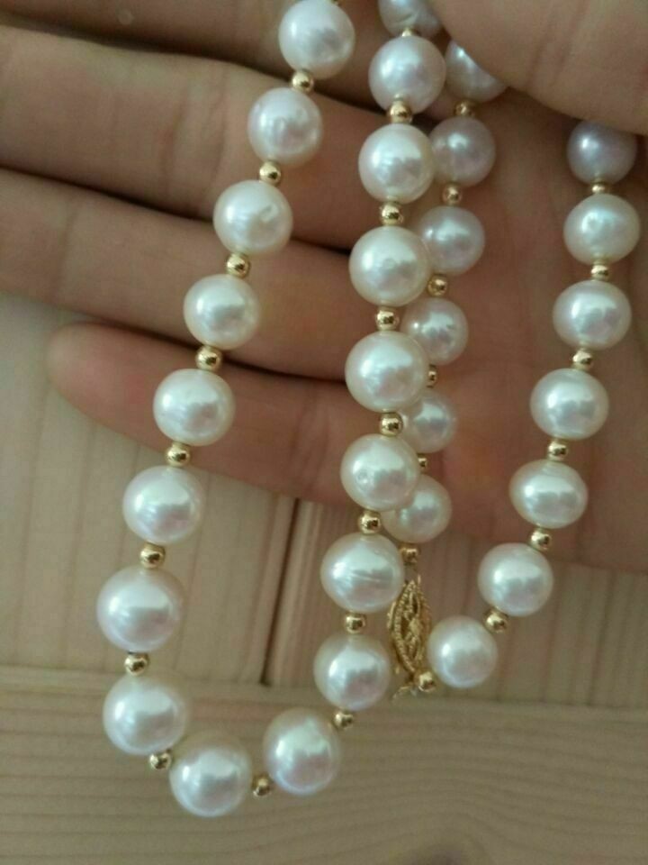 AAA+ 9-8mm Natural Akoya White Pearl Necklace 14k Gold Clasp 24 Inch