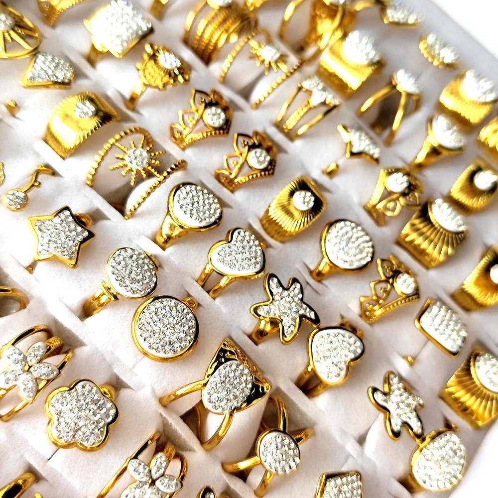 20Pcs Luxury Gold Full Zircon Ring For Women Assorted Style Stainless Steel Ring