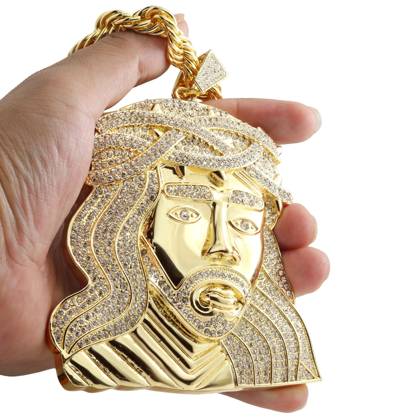 14K Rope Chain 10mm 24″ & 30″In | Curly Jesus Face Head Gold Plated XXL Hip Hop