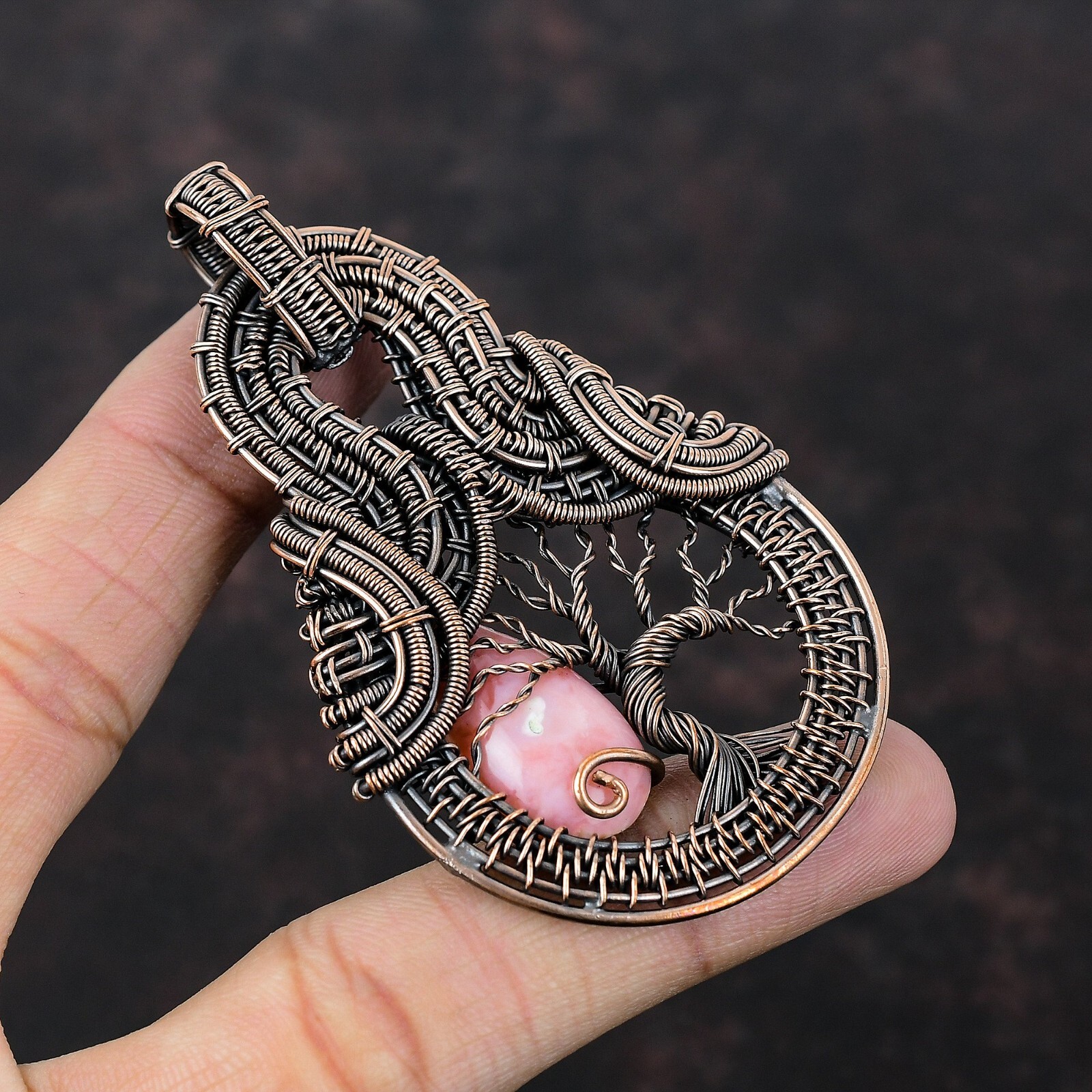Pink Opal Jewelry Copper Friend Gift Wire Wrapped tree Of Life Pendant 3.15″