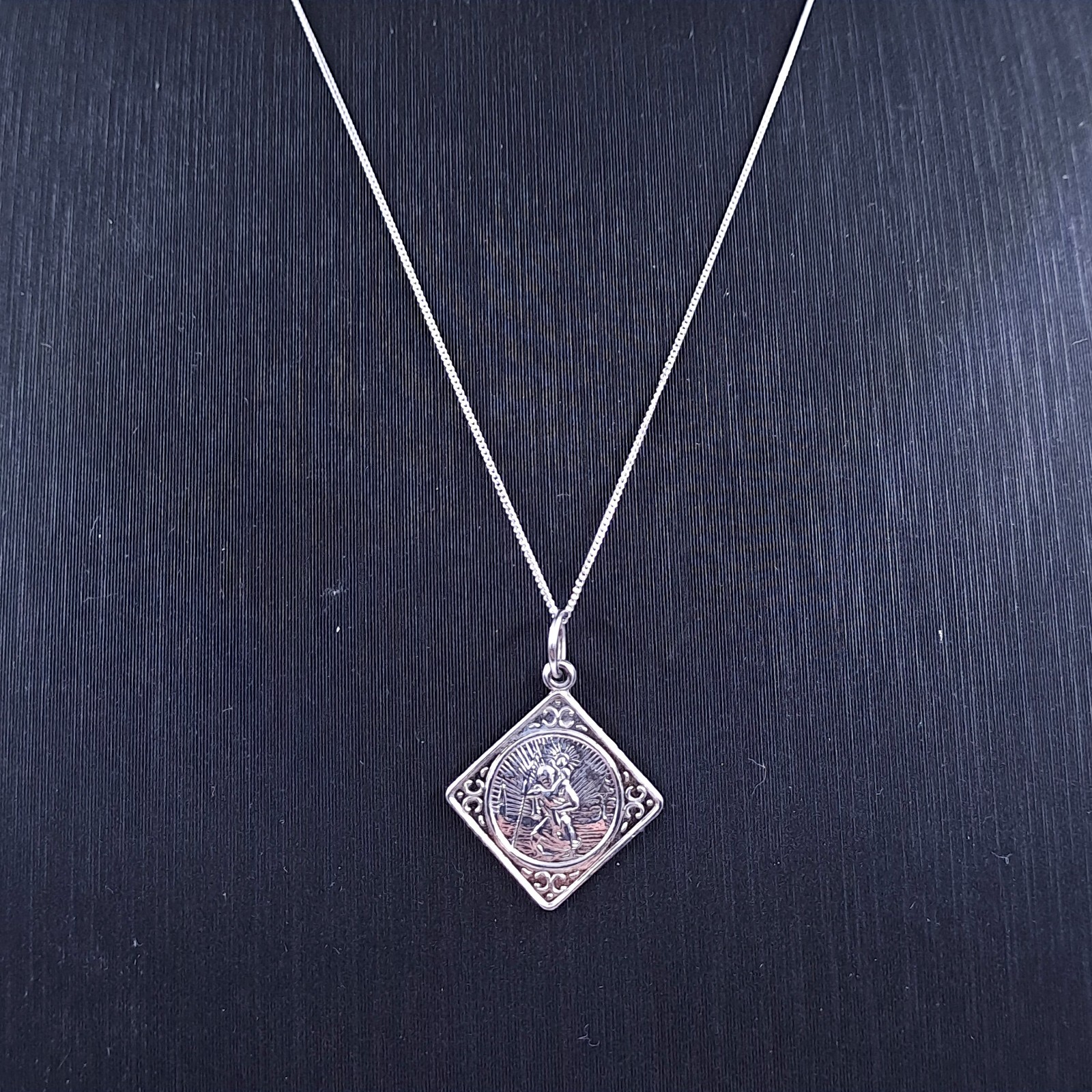 Necklace 925 Sterling Silver St Christopher Pendant Offset Square 40cm 16 inches