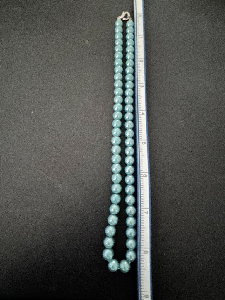 Vintage Pale Blue Pearlized Bead Necklace Matching Bracelet Set Silver-Tone