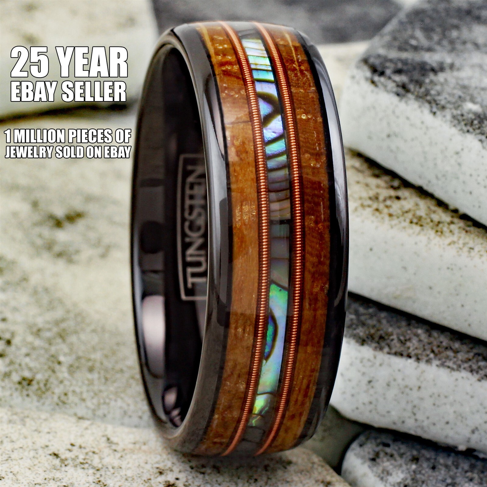 6/8mm Black Tungsten Whiskey Barrel Wood Abalone & Dual Guitar String Men’s Ring