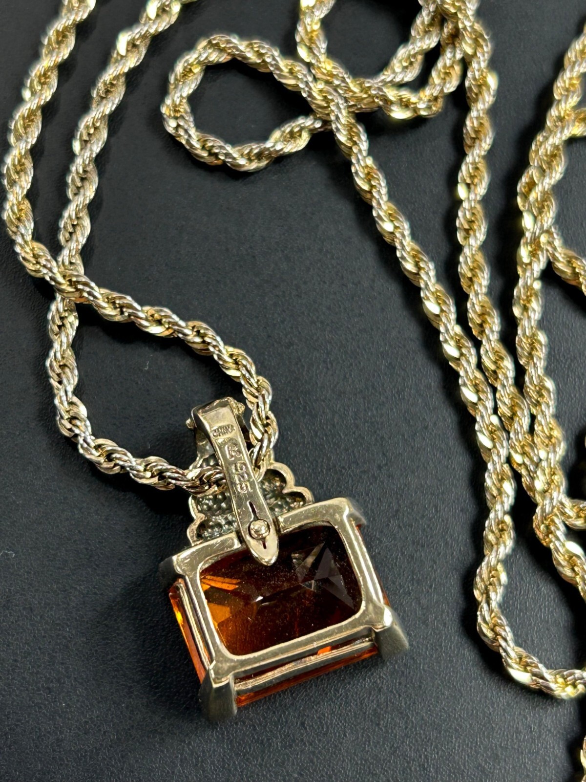925 Sterling Silver Gold Vermeil Chain Necklace Orange Glass Pendant Statement