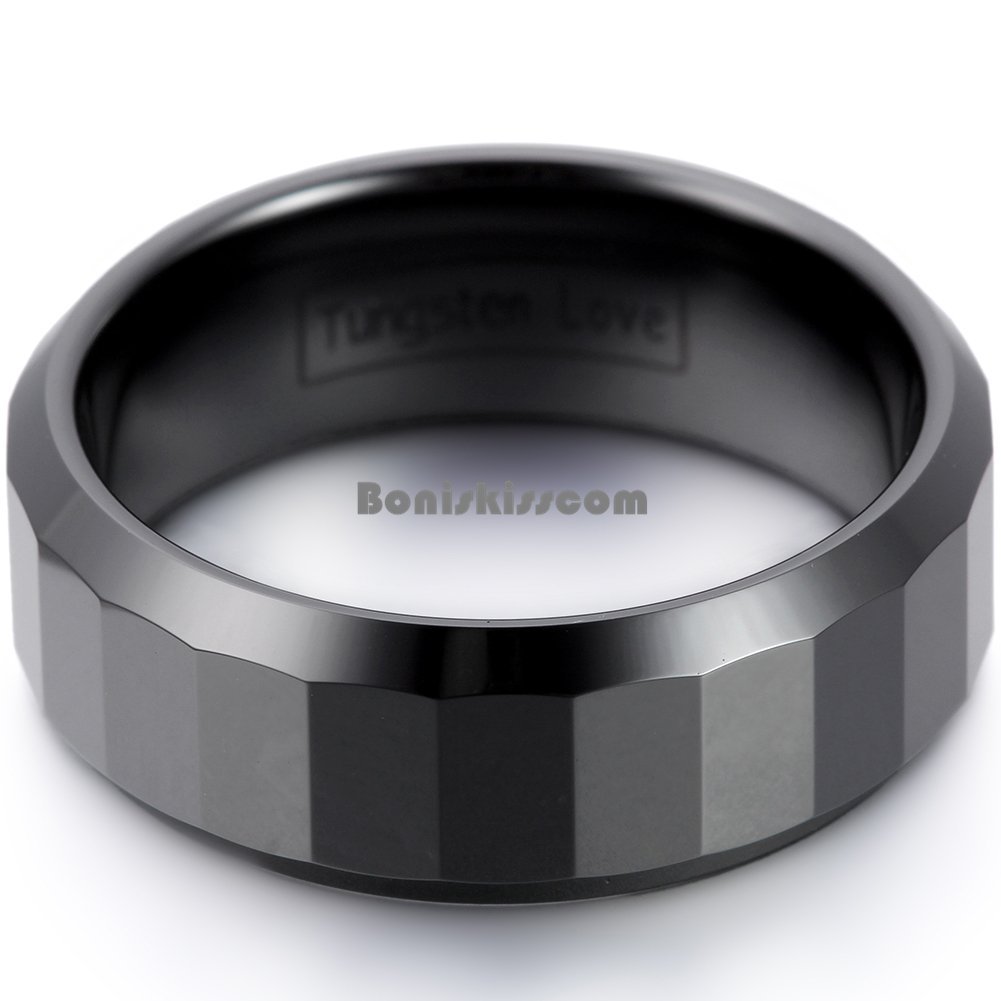 8 mm Comfort Fit Black Ceramic Faceted Ring Men’s Anniversary Wedding Band
