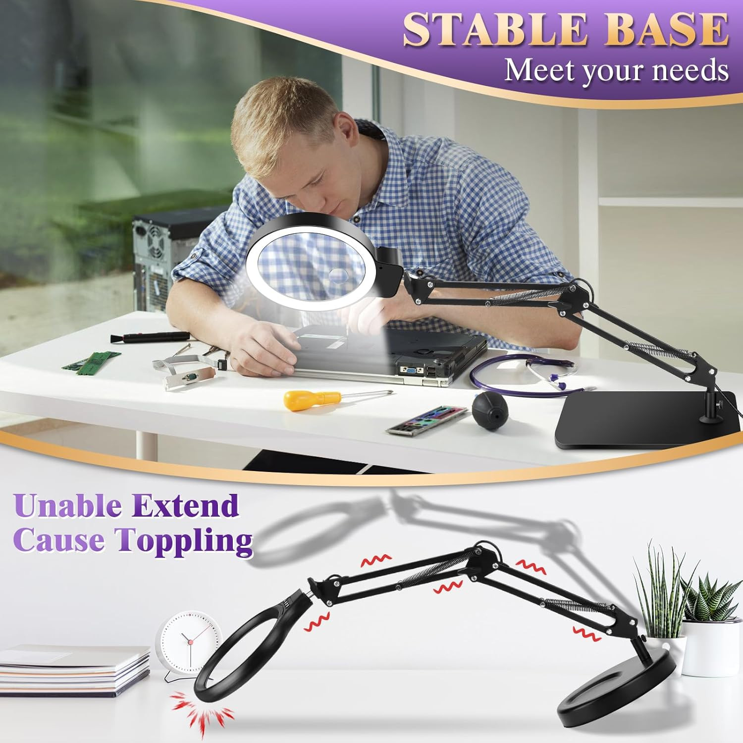 10X 30X Large Magnifying Glass with Light and Stand, 5-Inch Lighted Magnifier, 7