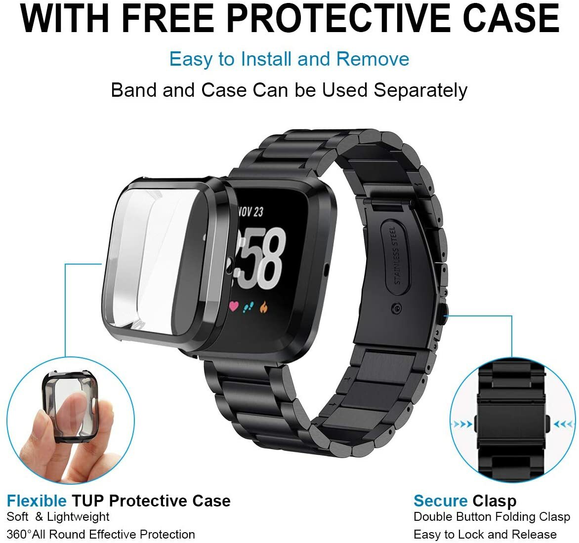 Metal Stainless Steel Watch Band Strap + Full Case Cover For Fitbit Versa 2