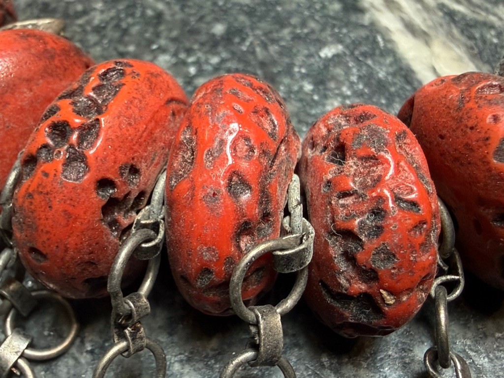 Vintage Morocco Faux Coral Bead and Silver Dangle Necklace