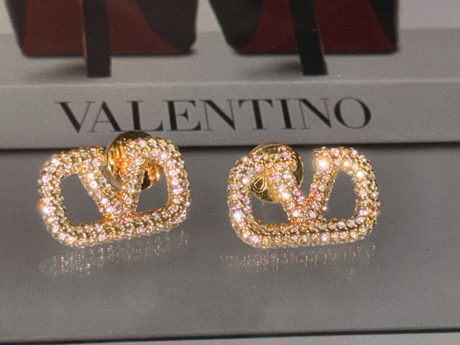 Valentino VLogo Pavé Crystal Gold Tone Stud Earrings, Butterfly Back Signed