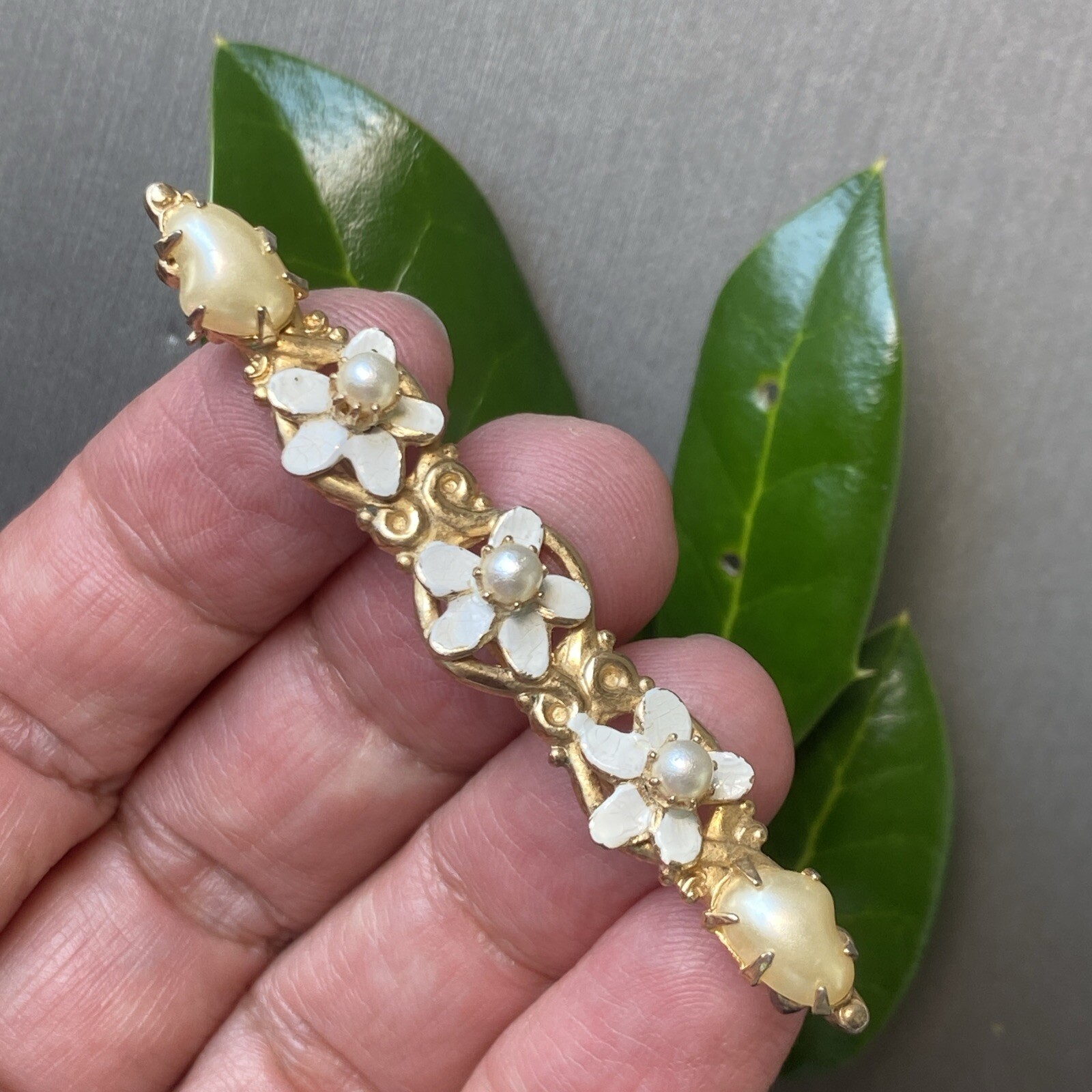 Vintage Pearl Bar Brooch Estate Fine Jewelry Pre-owned Sterling Silver Vermeil