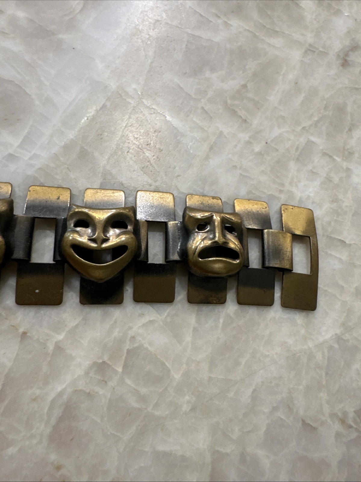 Vintage Brass Tone Comedy Tragedy Theater Mask Panel Bracelet MCM Unsigned