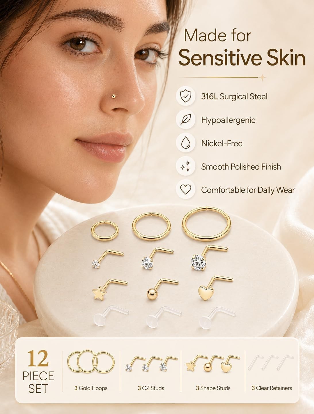 Fashion-Forward 12PC Gold Plated Nose Rings and Studs – Perfect for All Styles