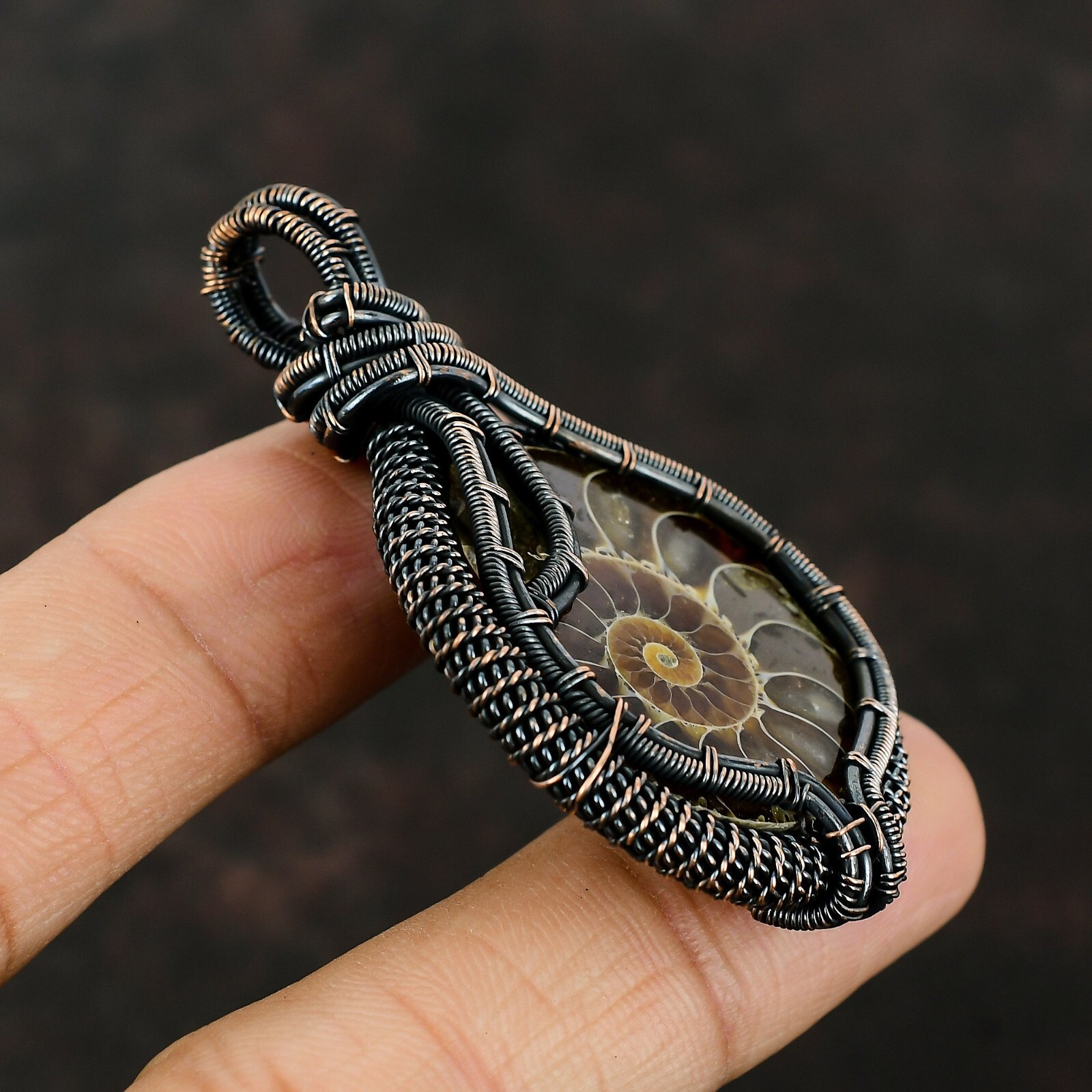 Ammonite Fossil Wire Wrapped Pendant Handcrafted Copper Gift Jewelry 2.56″