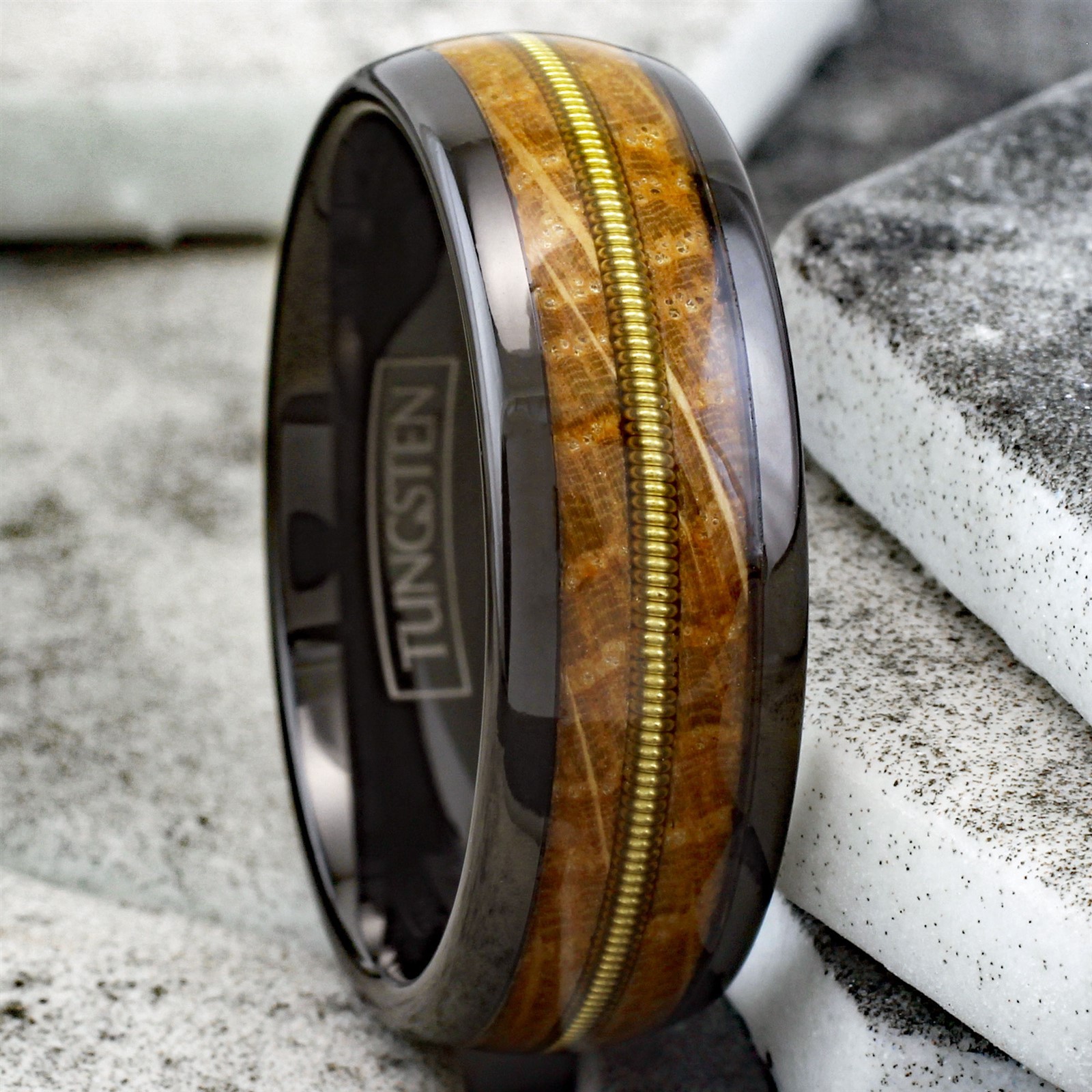8mm Black Tungsten Whiskey Barrel Wood w/ Guitar String Men’s Wedding Band Ring