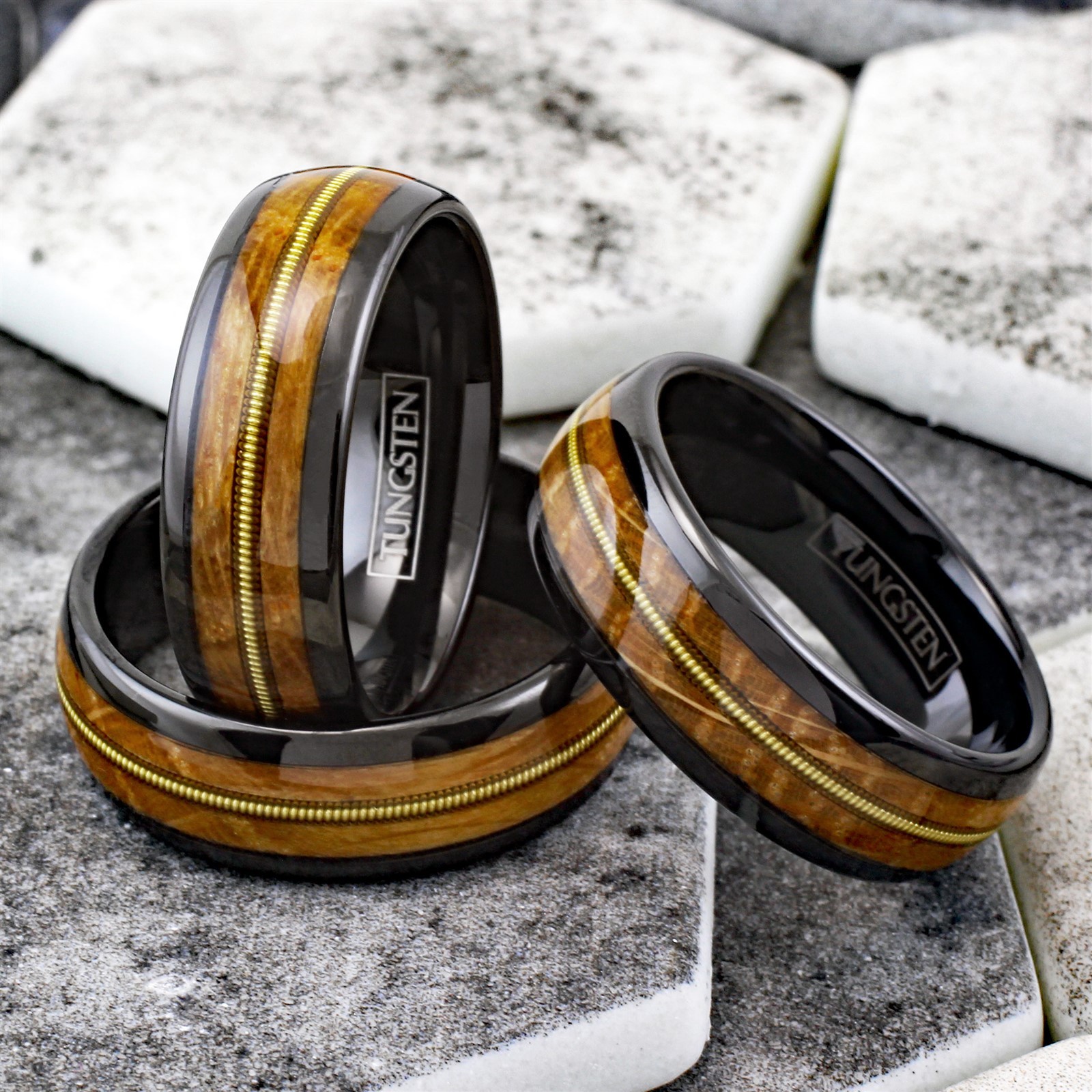 8mm Black Tungsten Whiskey Barrel Wood w/ Guitar String Men’s Wedding Band Ring