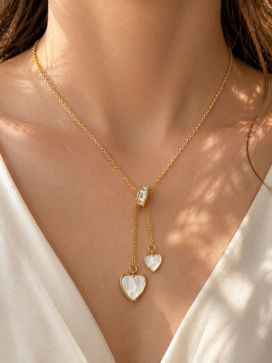 Heart Necklace Gold Plated Adjustable Lariat Y Mother of Pearl CZ Charm
