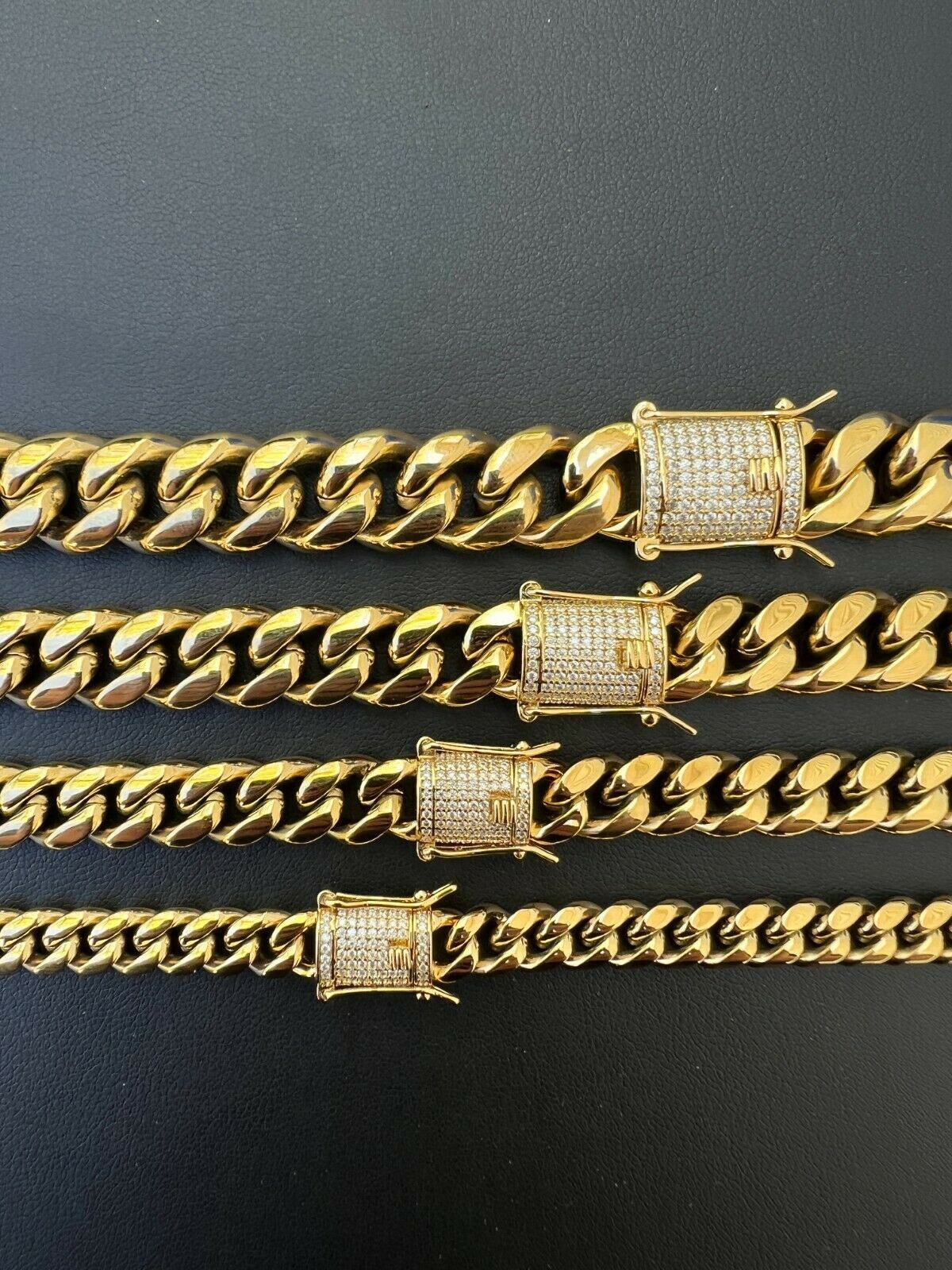 Miami Cuban Chain Necklace Bracelet 14k Gold Plated Stainless MOISSANITE Clasp