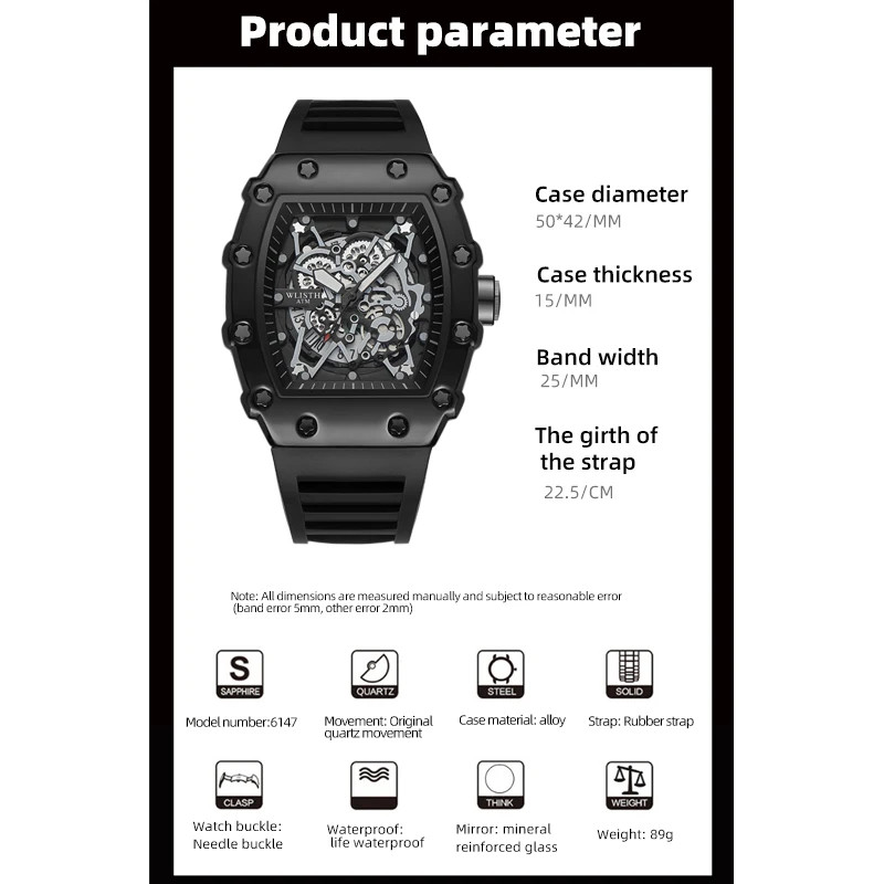Men’s Quartz Wrist Watch Large Dial Waterproof Sport Luminous Square Analog