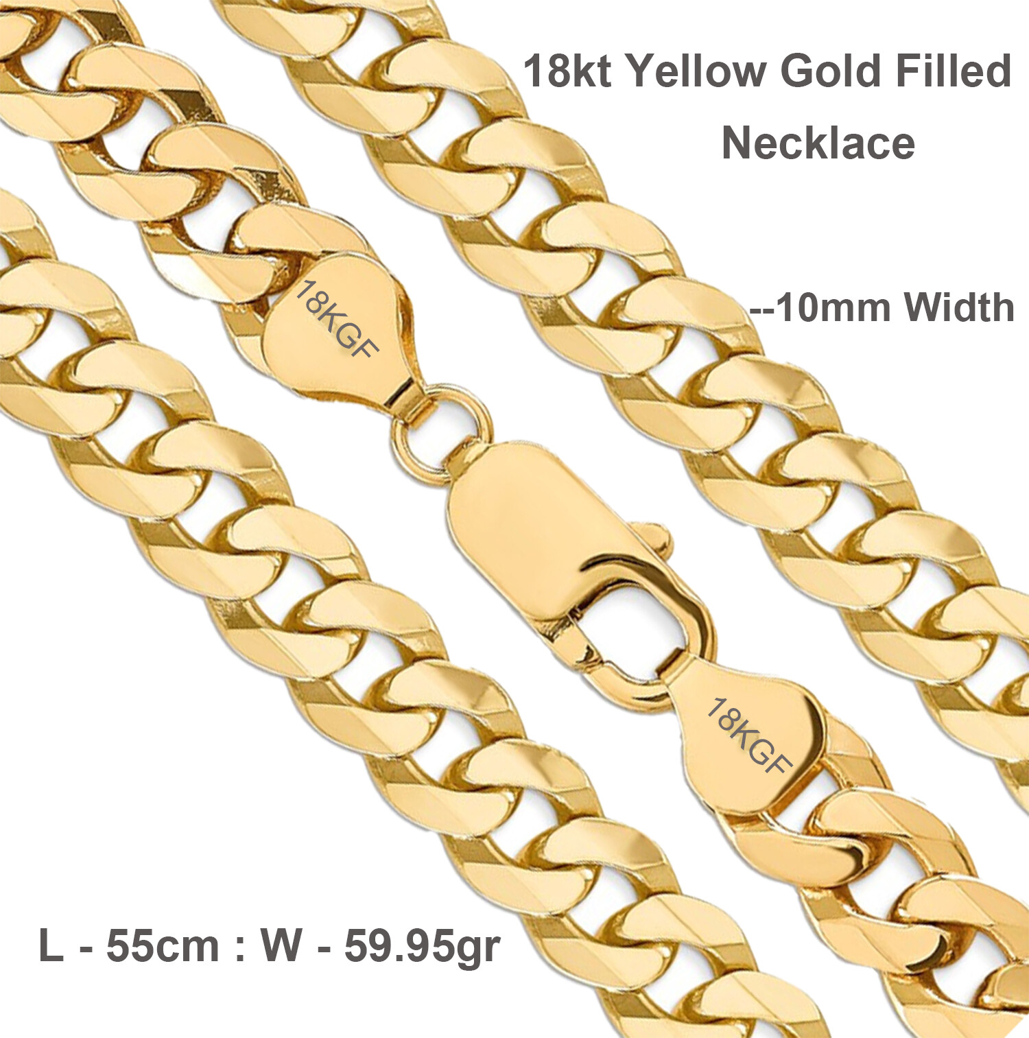 Necklace Real 18Kt Yellow Gold Filled Solid 10mm Curb Cuban Chain 55 cm 22 inch