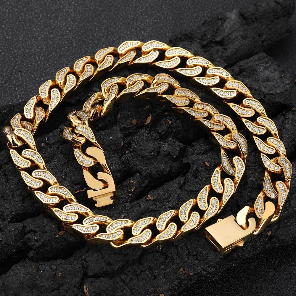 Steel Cuban Link Chain Necklace Full Zircon Mens Jewelry 12mm Hip Hop Stainless