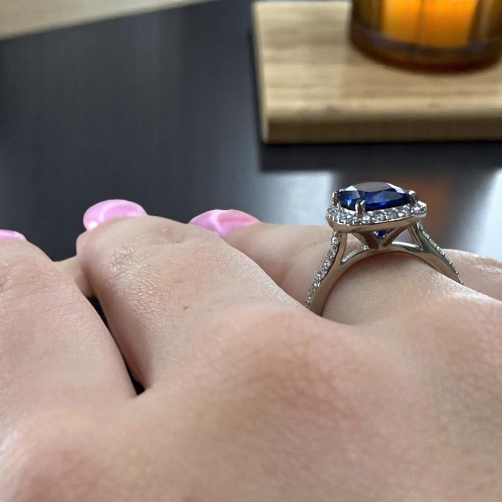 Wedding 950 Platinum Ring 3.70 Ct Lab Created Diamond Cushion Cut Blue Sapphire