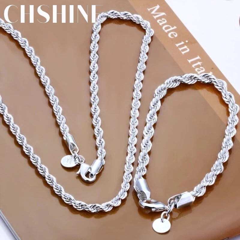 925 sterling silver 4MM chain male twisted rope necklace bracelets jewelry Set