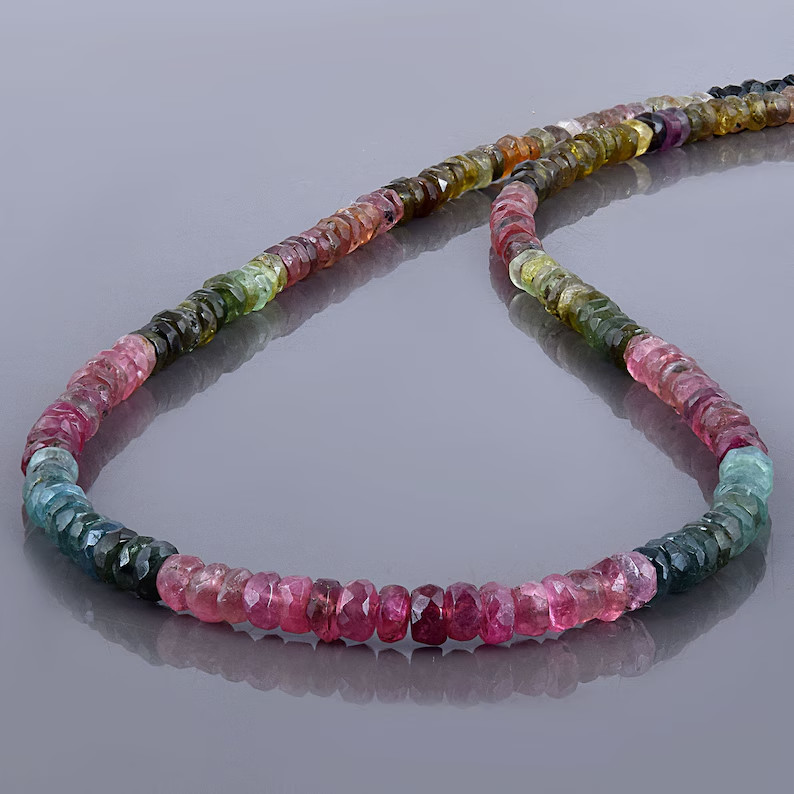 Natural Multicolor Tourmaline Necklace Faceted Rondelle Beads 925 Silver Chain