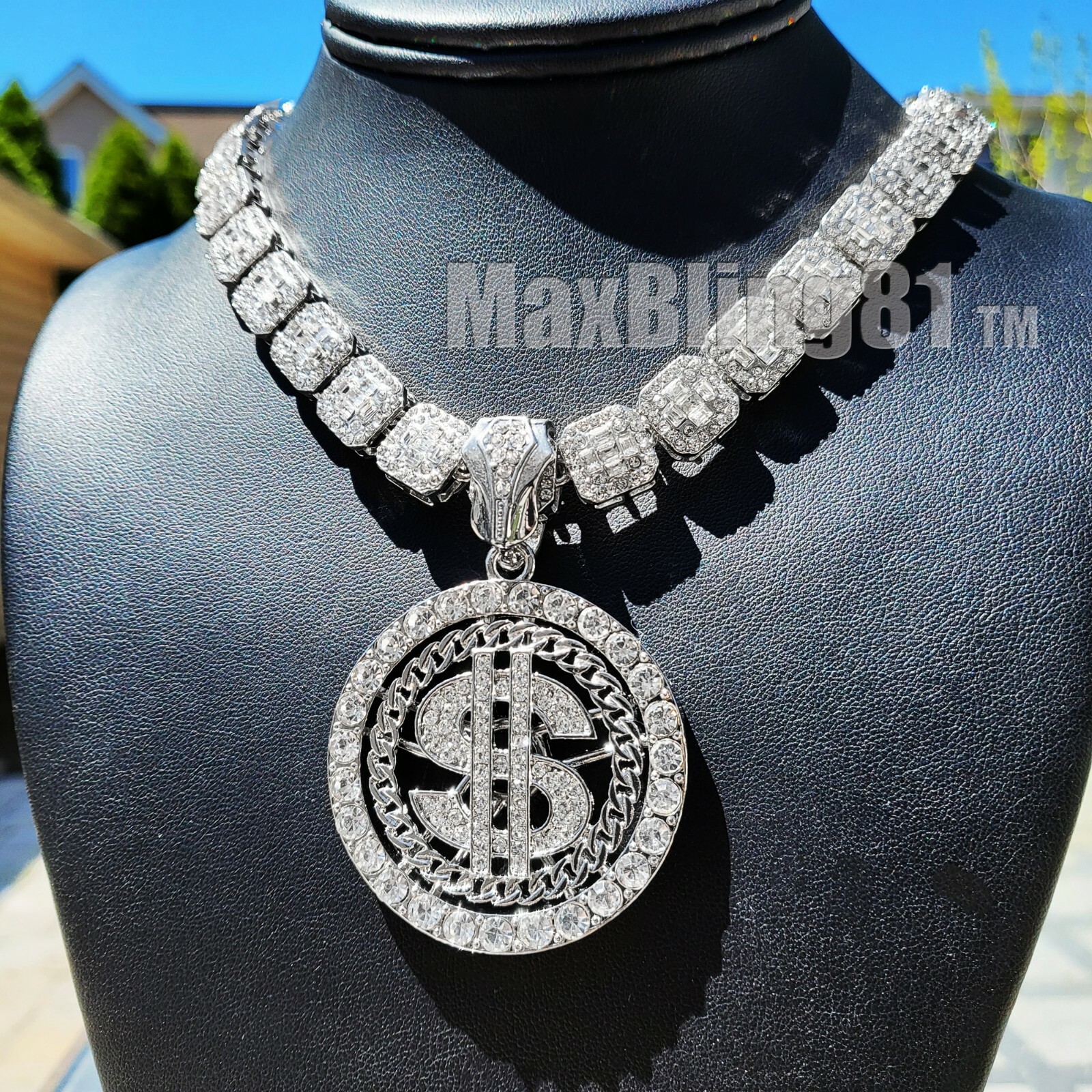 Silver Plated Alloy Iced $ Sign Pendant 16″ ~ 20″ Cubic Zirconia Chain Necklace