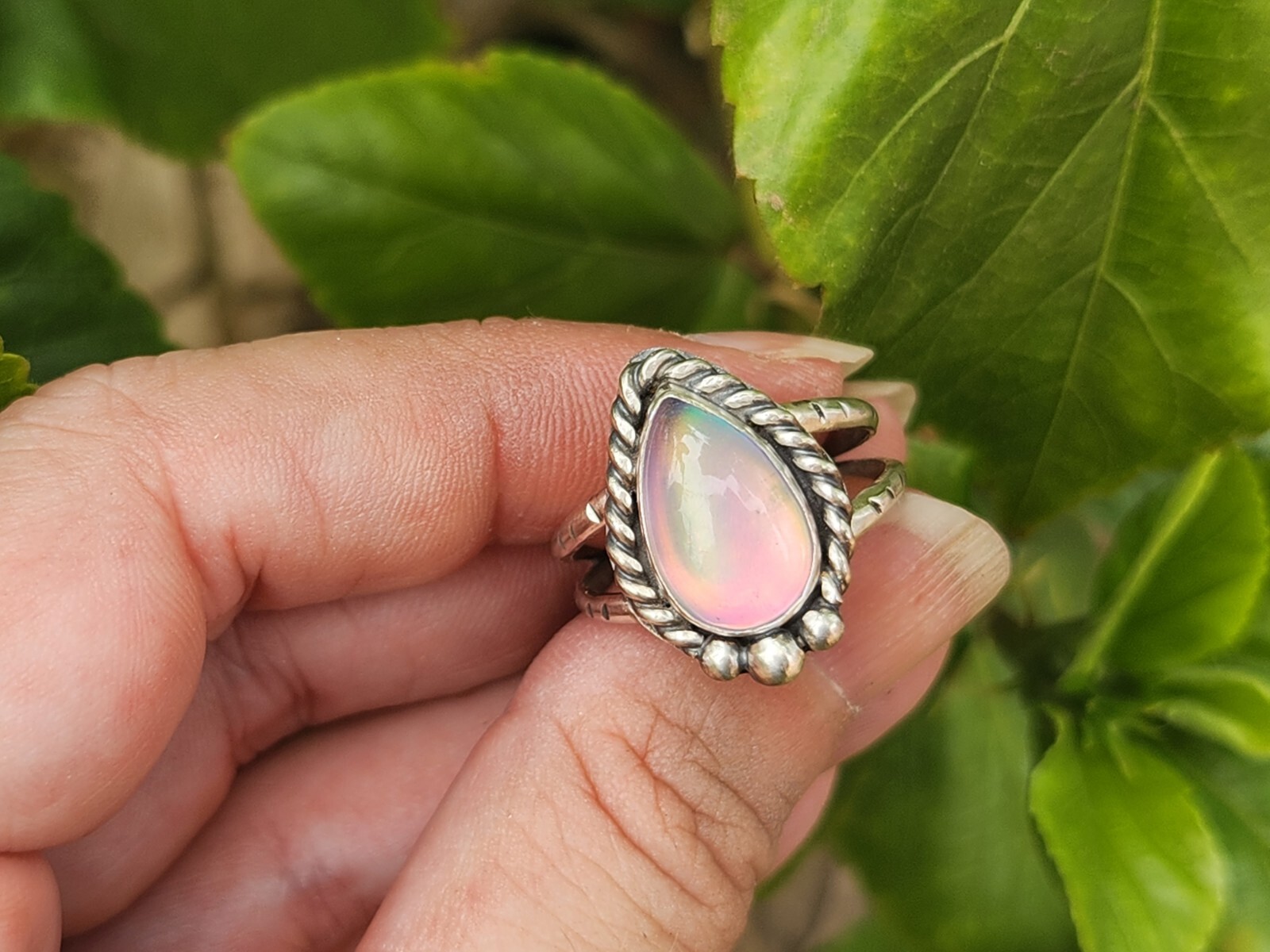 Aurora Opal Handmade Sterling Silver Ring, Statement Jewellery Jewelry Size 8.25