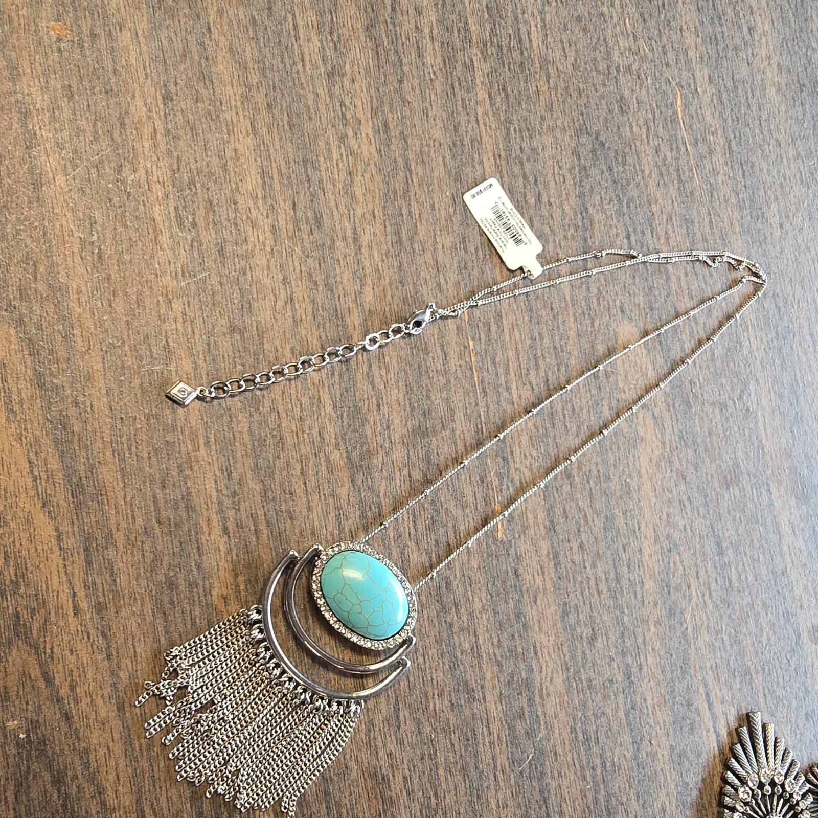 Silver Tone Oval Turquoise Bezel Fringe Statement Pendant Necklace Box Chain