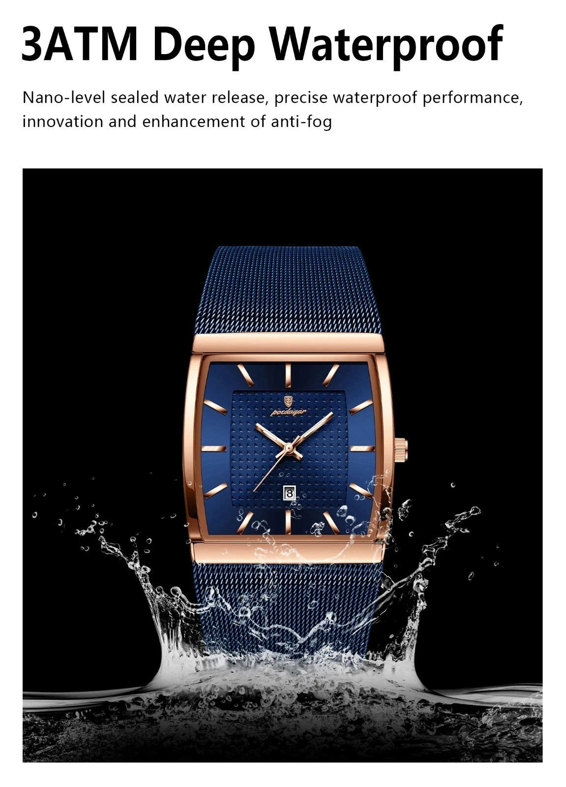 Luxury Men’s Watch Rectangle Steel Mesh Waterproof Luminous Date Quartz