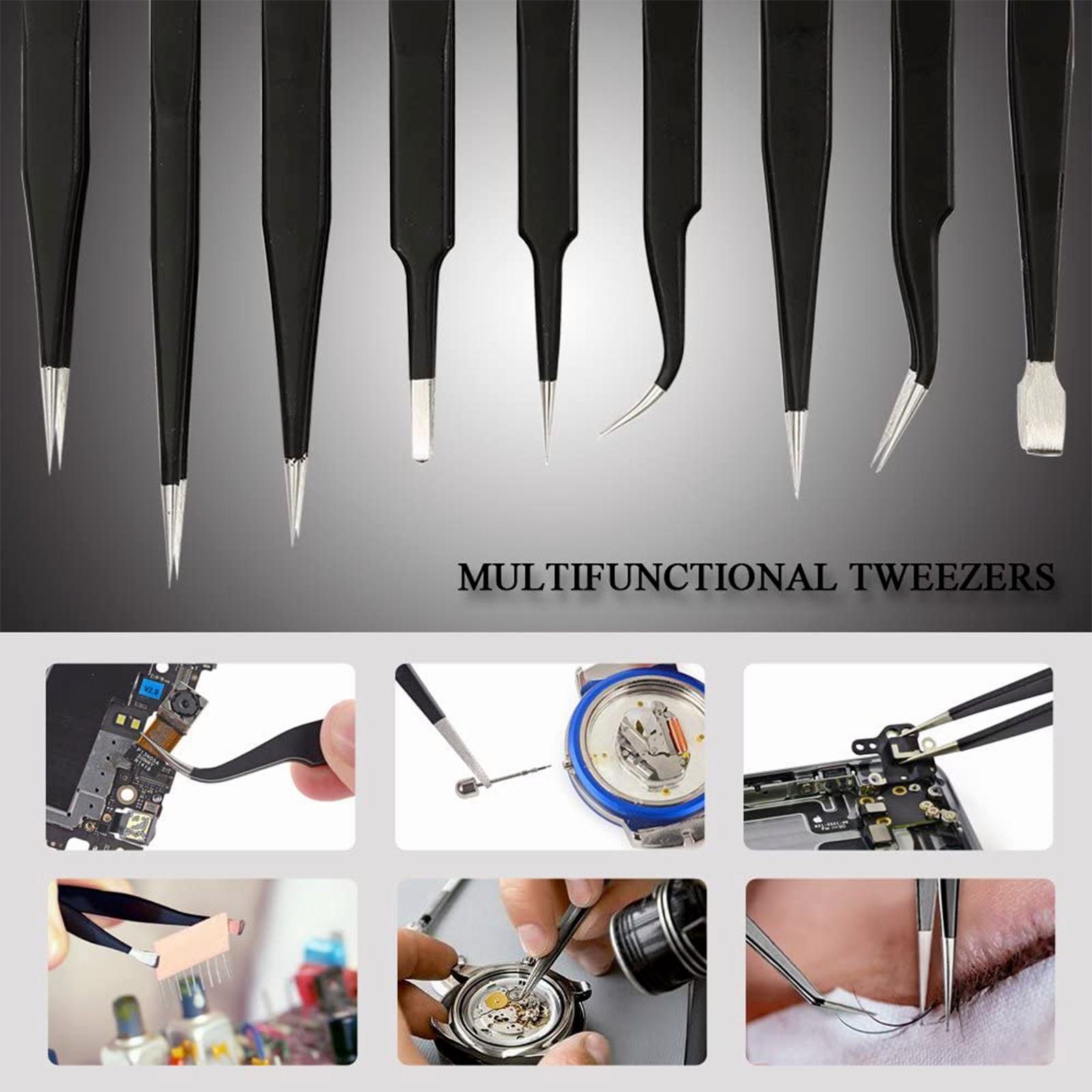 10 x ESD Precision Anti static Tweezers Set Stainless Steel Tool for Electronics