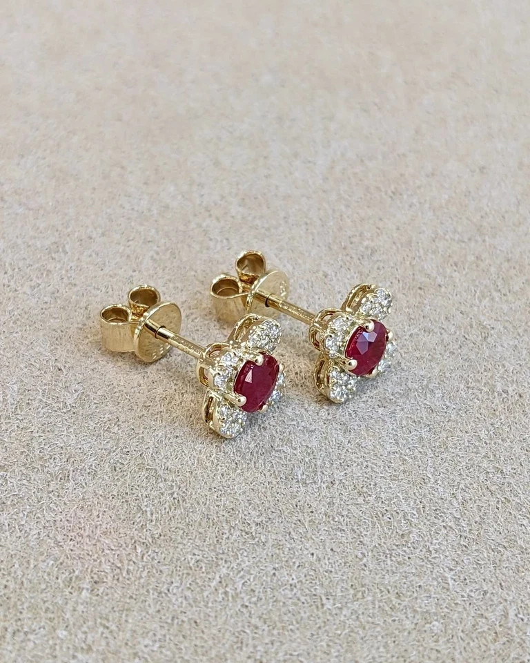 14K Yellow Gold Round Cut 0.99 Ct Natural Ruby & Diamond Wedding Earring Stud