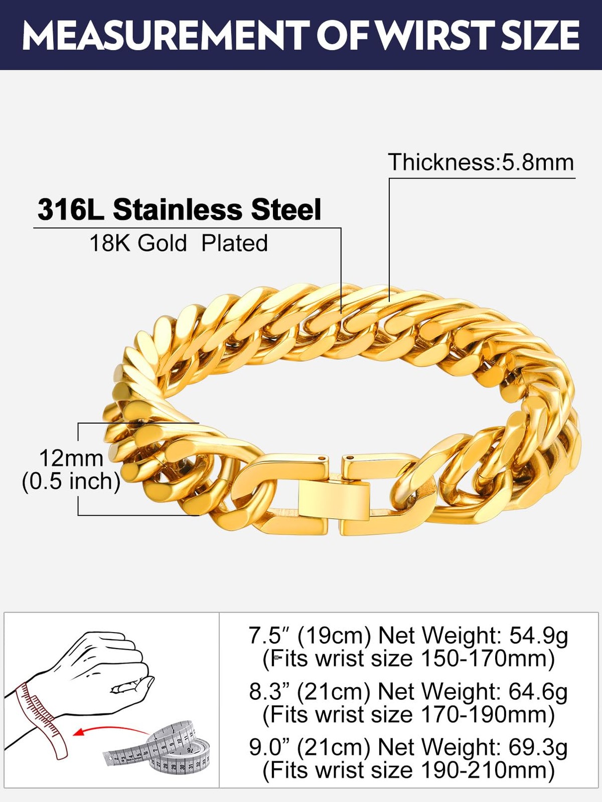 Bandmax Men Stainless Steel Cuban Wristlet Link Bracelet 7.5/8.3/9 inch