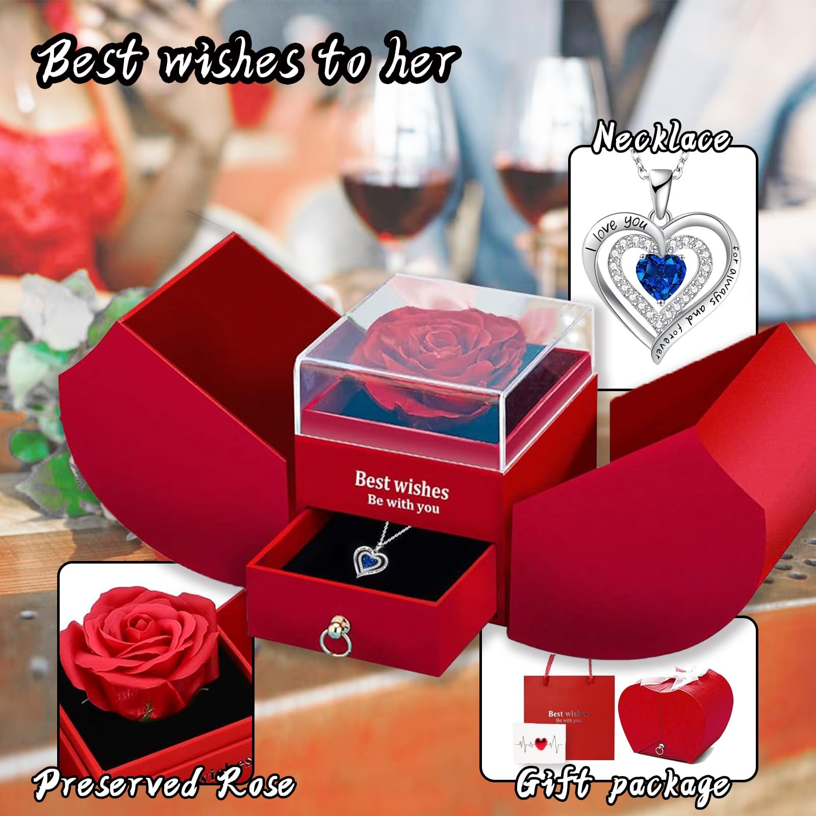 Women Gifts Ideas for Birthday, Preserved Forever Rose Gift with Necklace – Wife