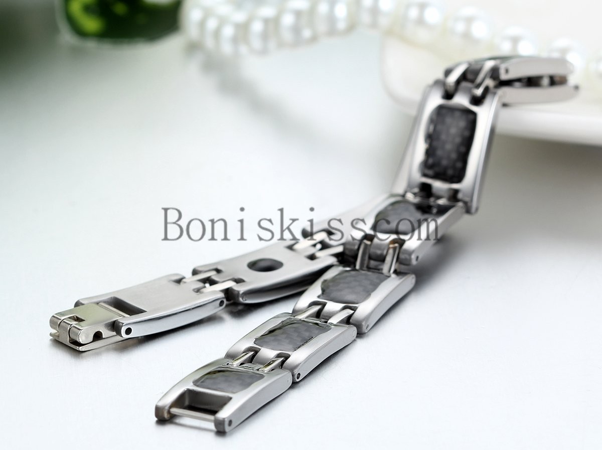 Black Carbon Fiber Silver Stainless Steel Link Power Therapy Magnetic Bracelet