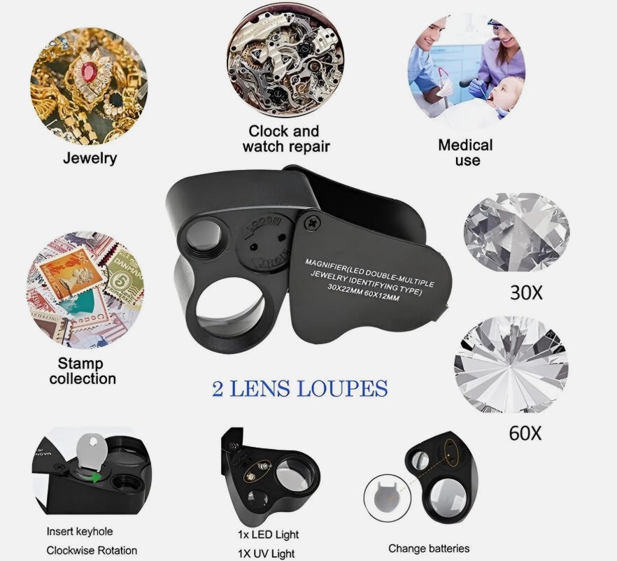 30X 60X Illuminated Jewelers Eye Loupe Foldable Magnifier Bright LED Light Gold