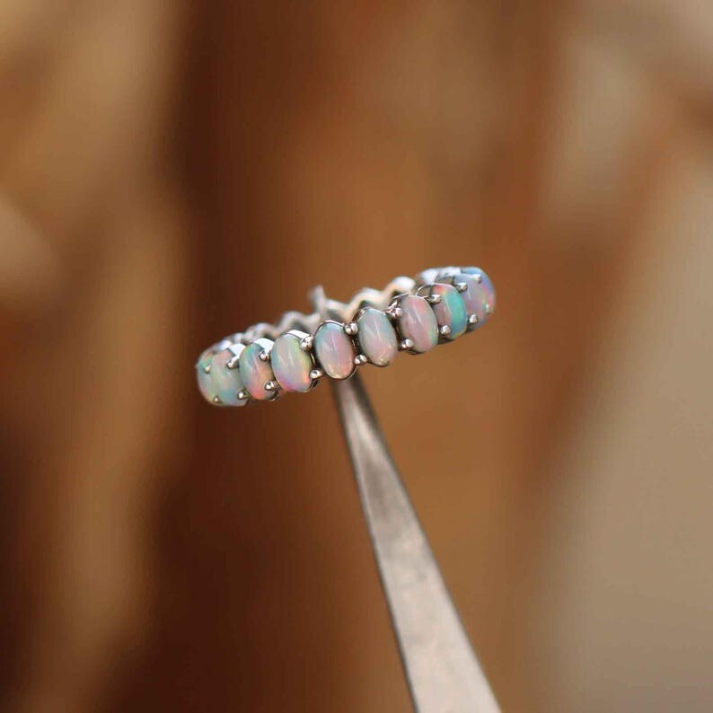 Fire Opal Eternity Ring, 925 Sterling Silver Wedding Ring, Opal Engagement Ring
