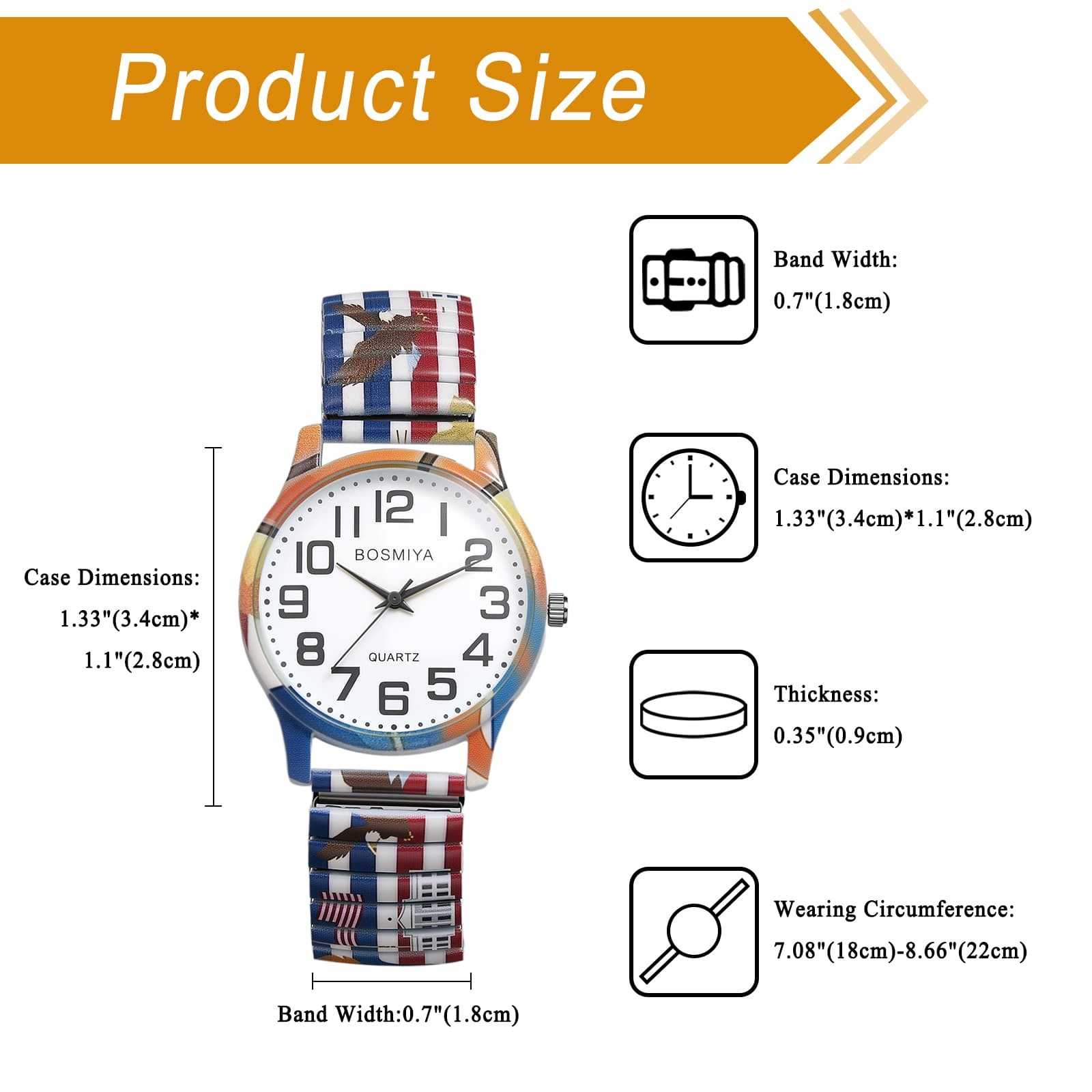 Men Women USA 250th Anniversary Stainless Steel Printed Elastic Band Wrist Watch