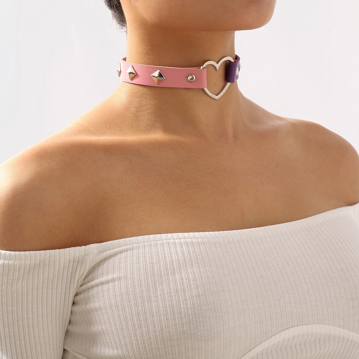 Silver Heart Pendant Choker Necklace Women Stud Snap Pink Purple Necklace