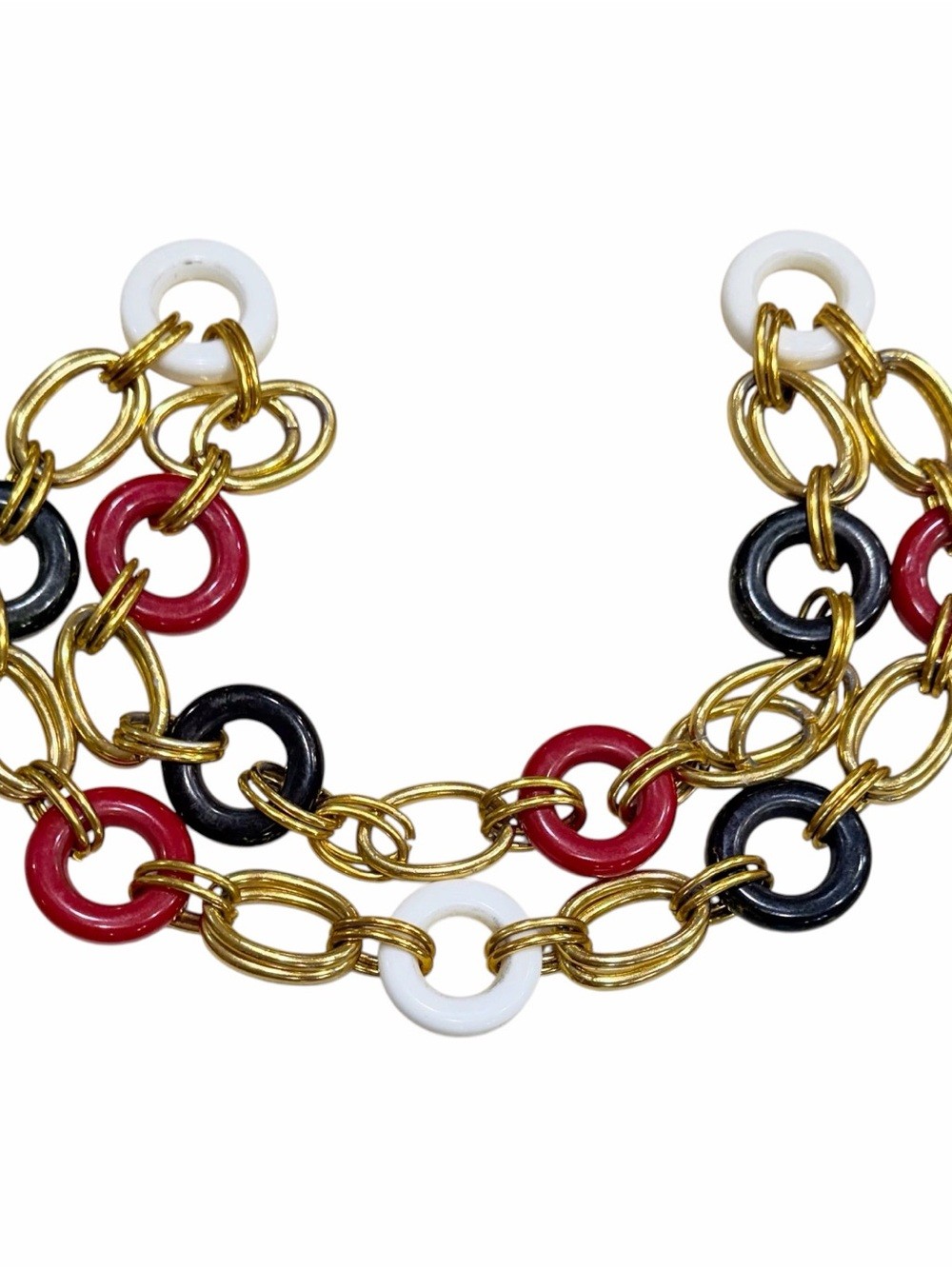 1980s Chunky Gold Chain Link Necklace with Red, Black and White Rings