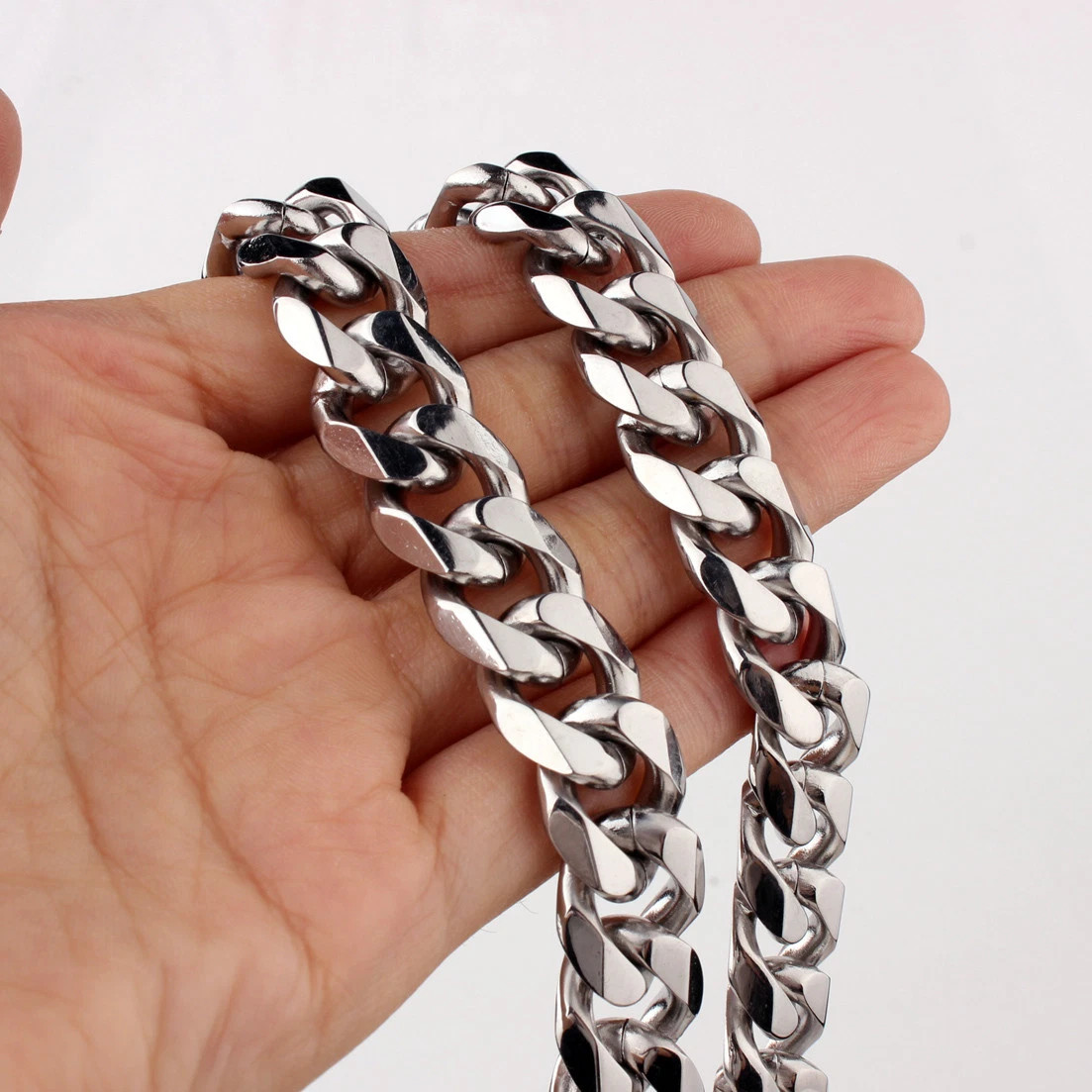 13mm/15mm Silver Stainless Steel Curb Cuban Link Chain Necklace 16″-40″