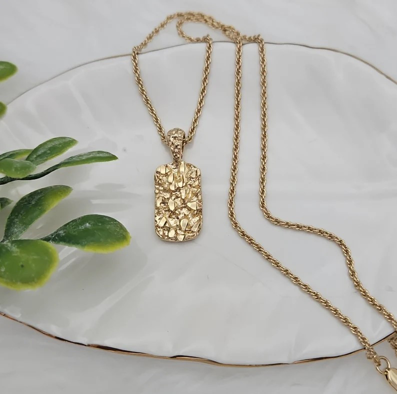 Gold Nugget Necklaces, Small Dog Tag Pendant, 1mm Rope Chain, 14k Plated Gold